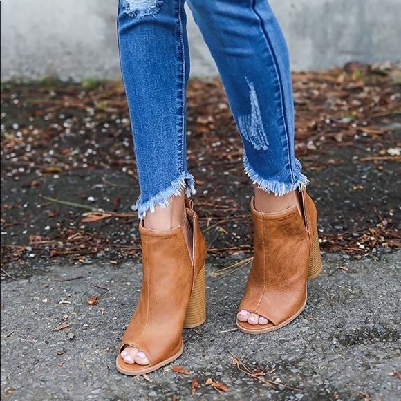 Cutout Side Peeptoe Ankle Booties Wood Stack Heel - Picture 2 of 5